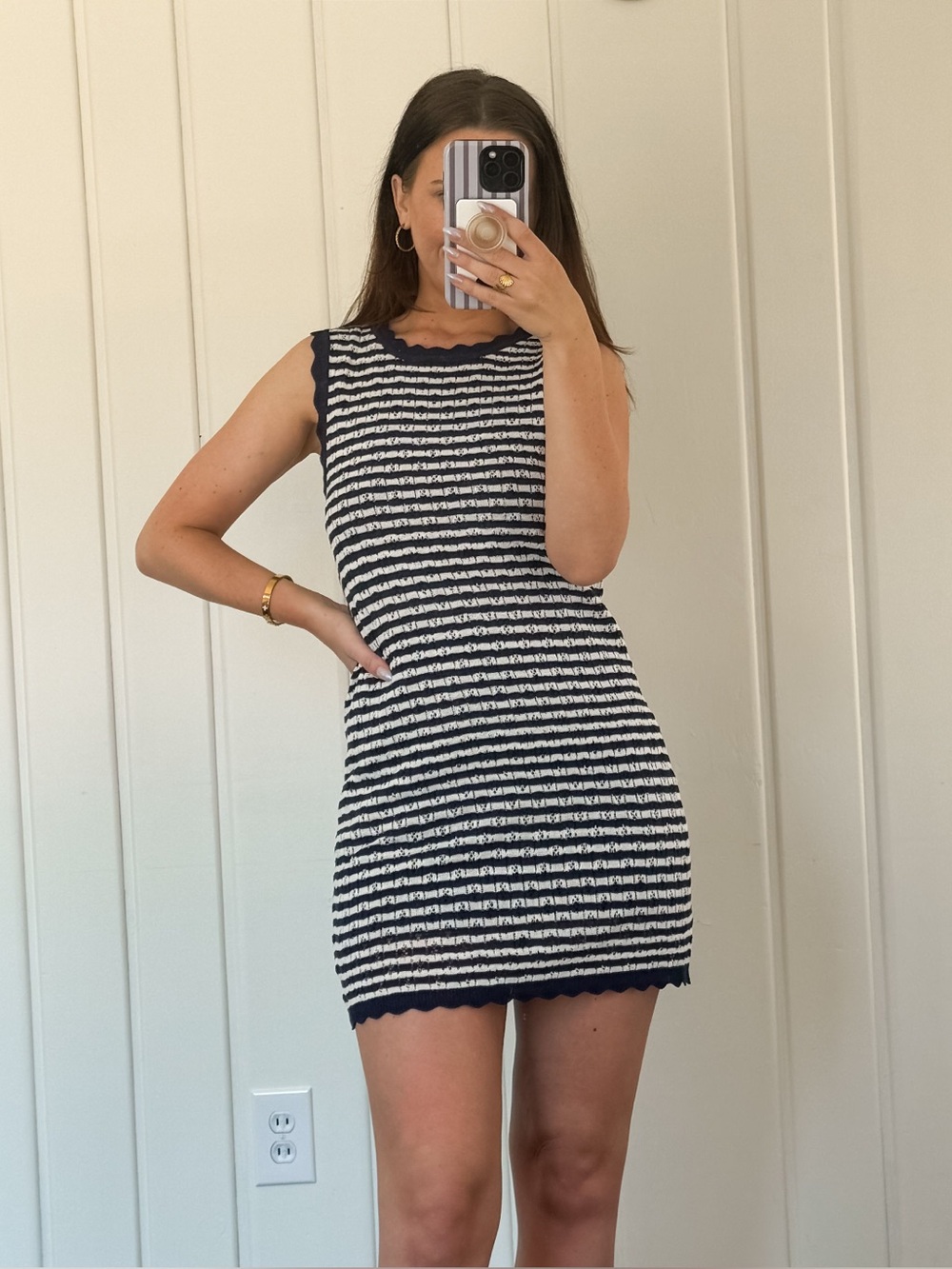 Lumiere Navy & White Striped Scalloped Knit Dress